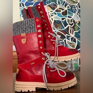 Size 41 brick red wear- dyed vegan suede& Grey sweater top accent, side-zip